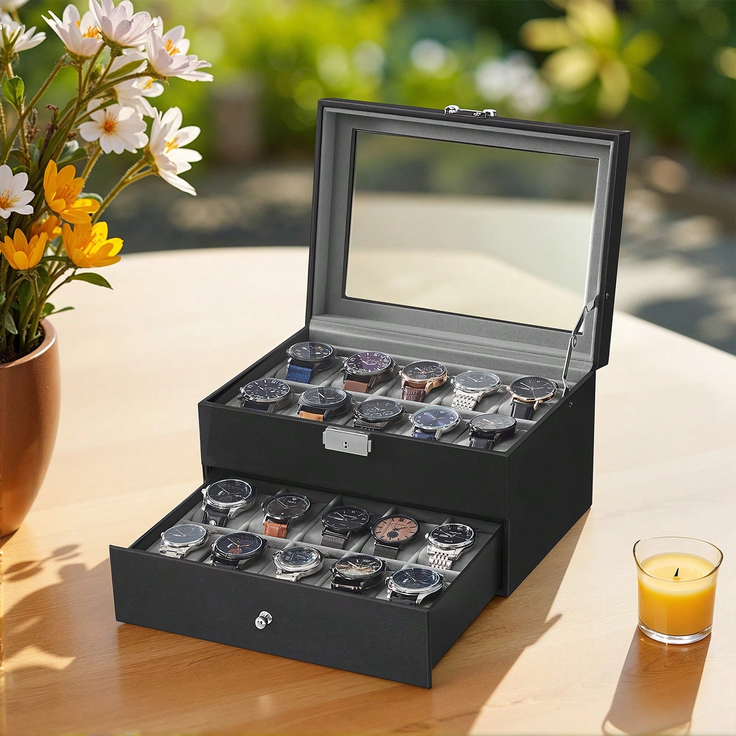 Jewelry Watches Box - Horlogebox met 20 vakjes, glazen deksel