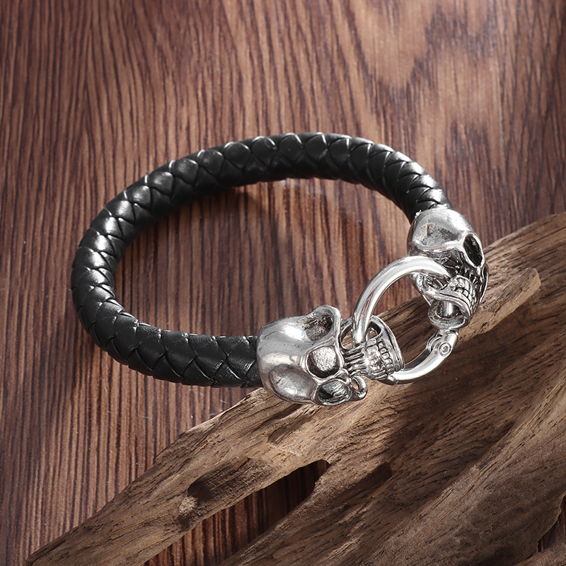 Gothic Skull Ring - Gothic Double Skull Black Gevlochten Lederen