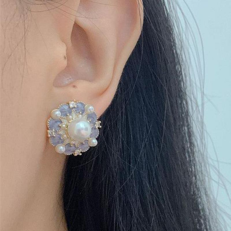 Pearl Stud Earrings - 925 Zilveren Naald Vintage Paarse Olie