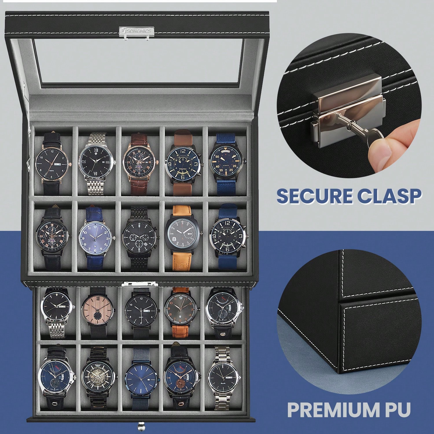 Horlogebox met 20 vakjes, glaz - Jewelry Watches Box recensie en prijs
